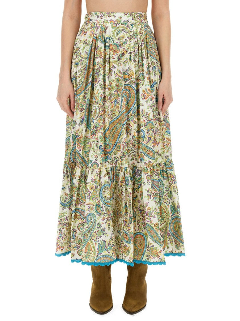 Tiered Paisley Print Long Skirt With Ruffled Hems