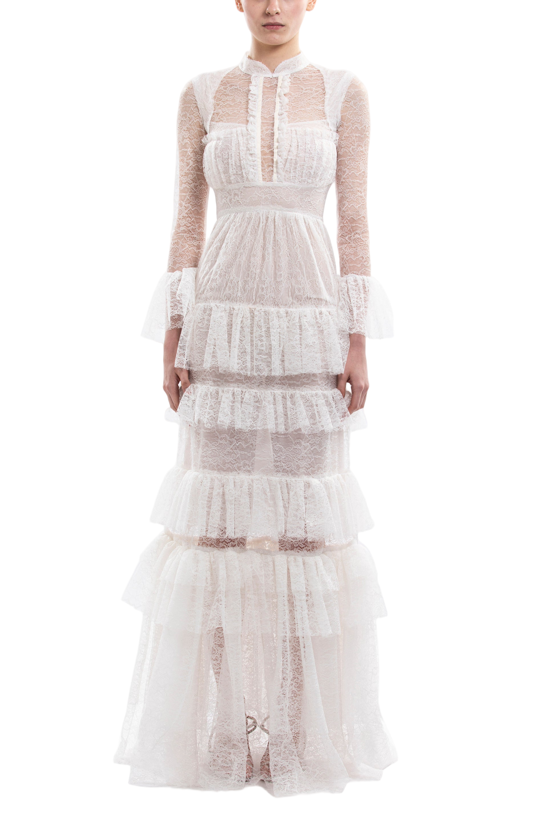 Off-White Lace Maxi Dress with Gathered Skirt and Long Sleeves