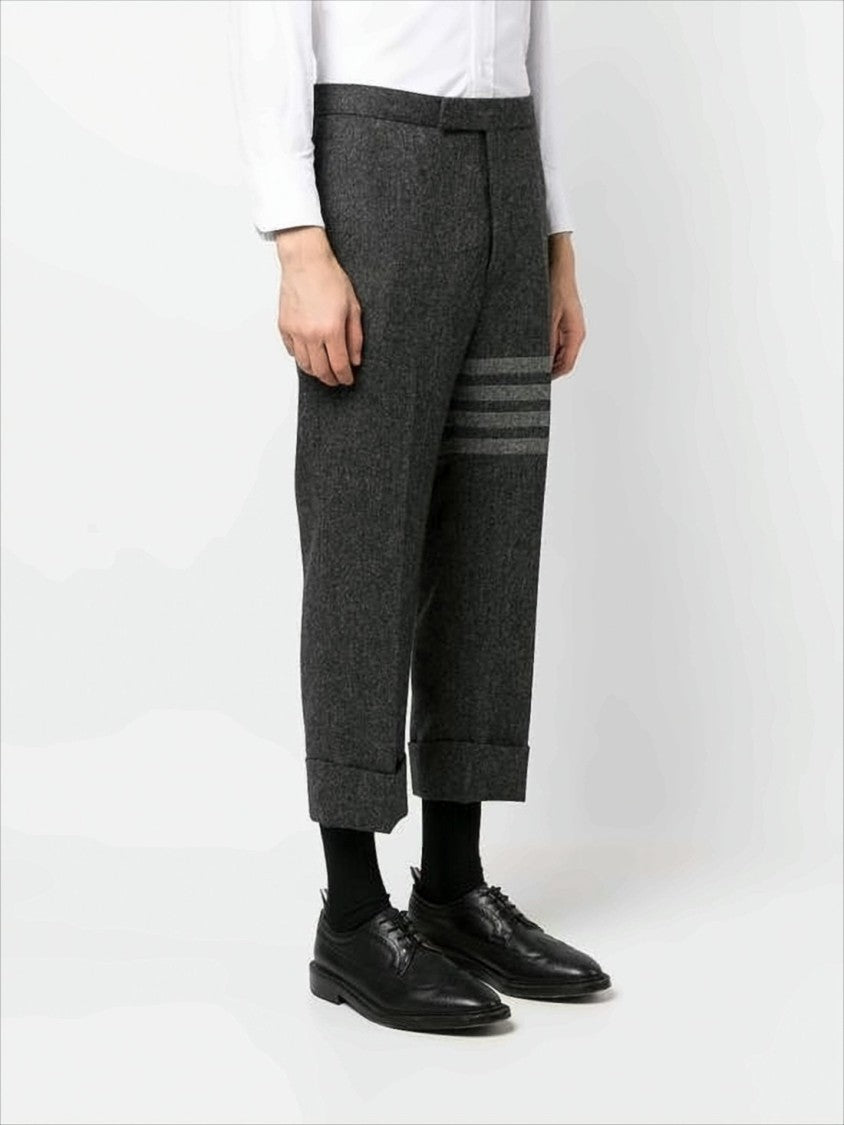 Tailored Cropped Suit Pants with Herringbone Texture and Four-Stripe Detail