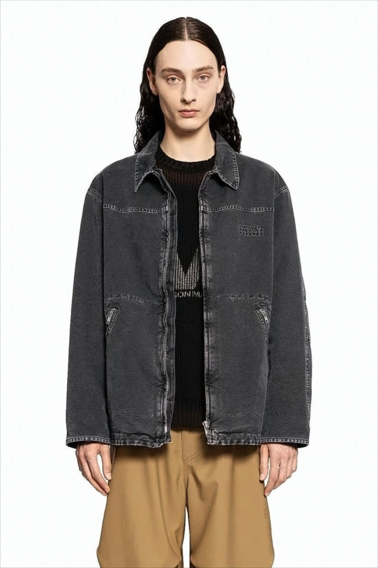 Boxy Oversized Black Cotton Jacket with Vintage Finish