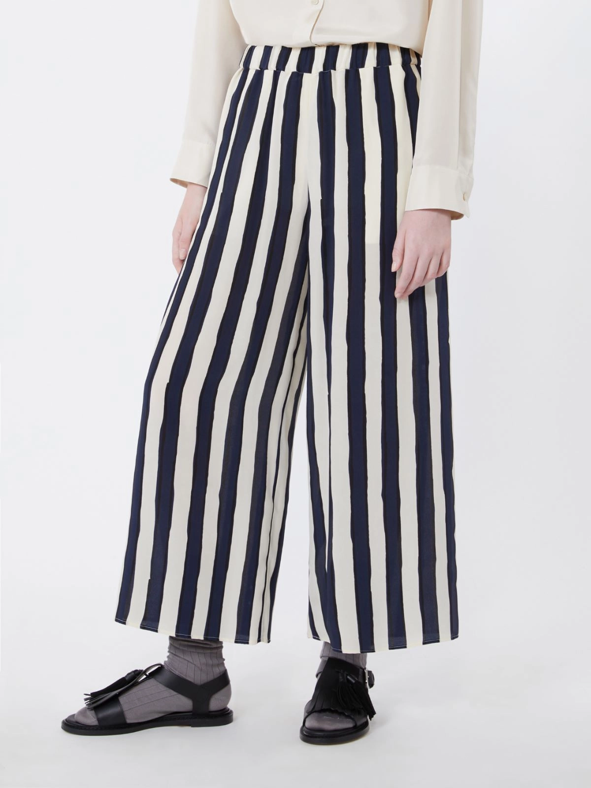 Wide-Leg Pants with Vertical Stripes and Elastic Waistband