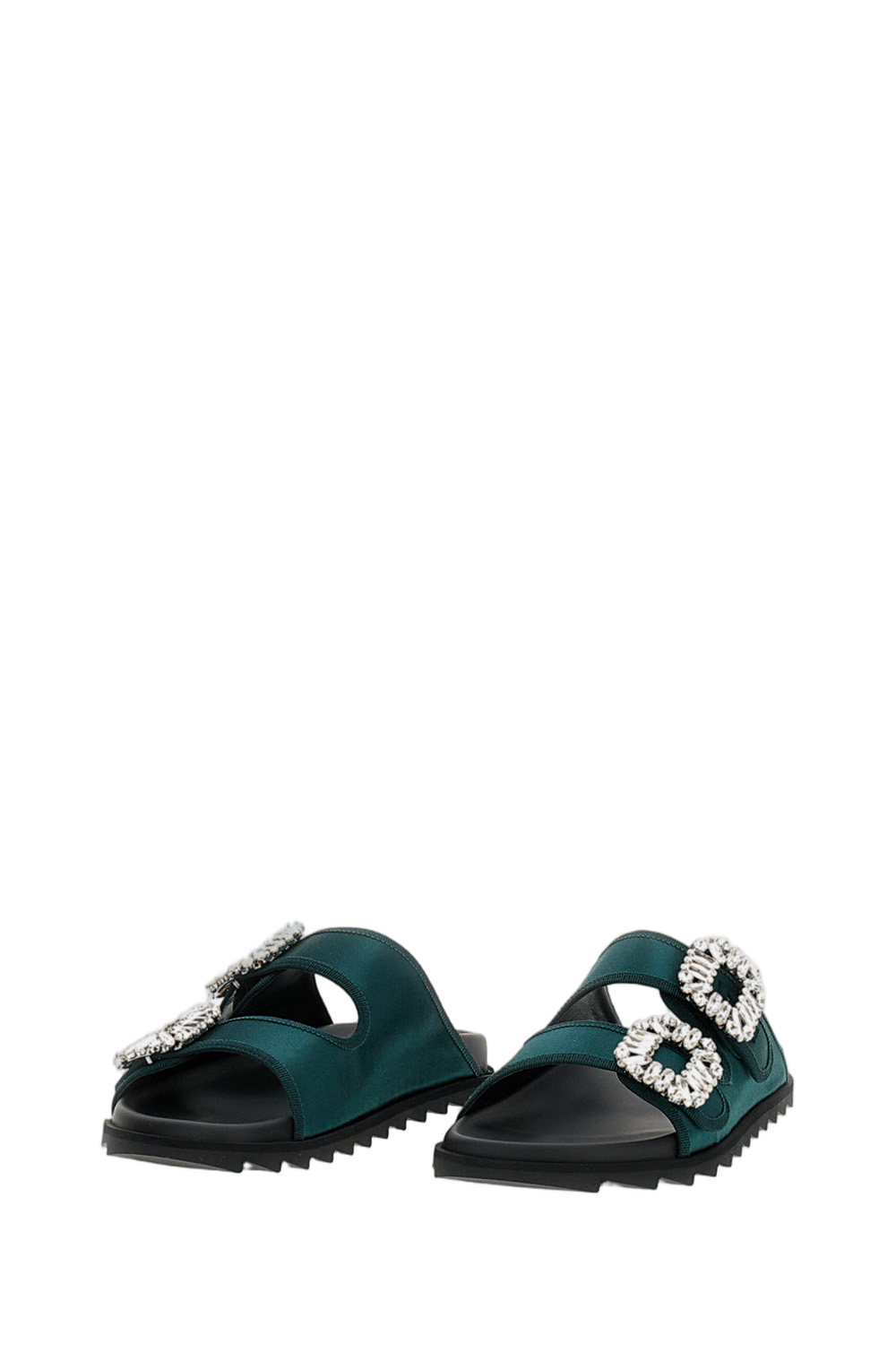 Dark Green Sandals With Crystal Buckles