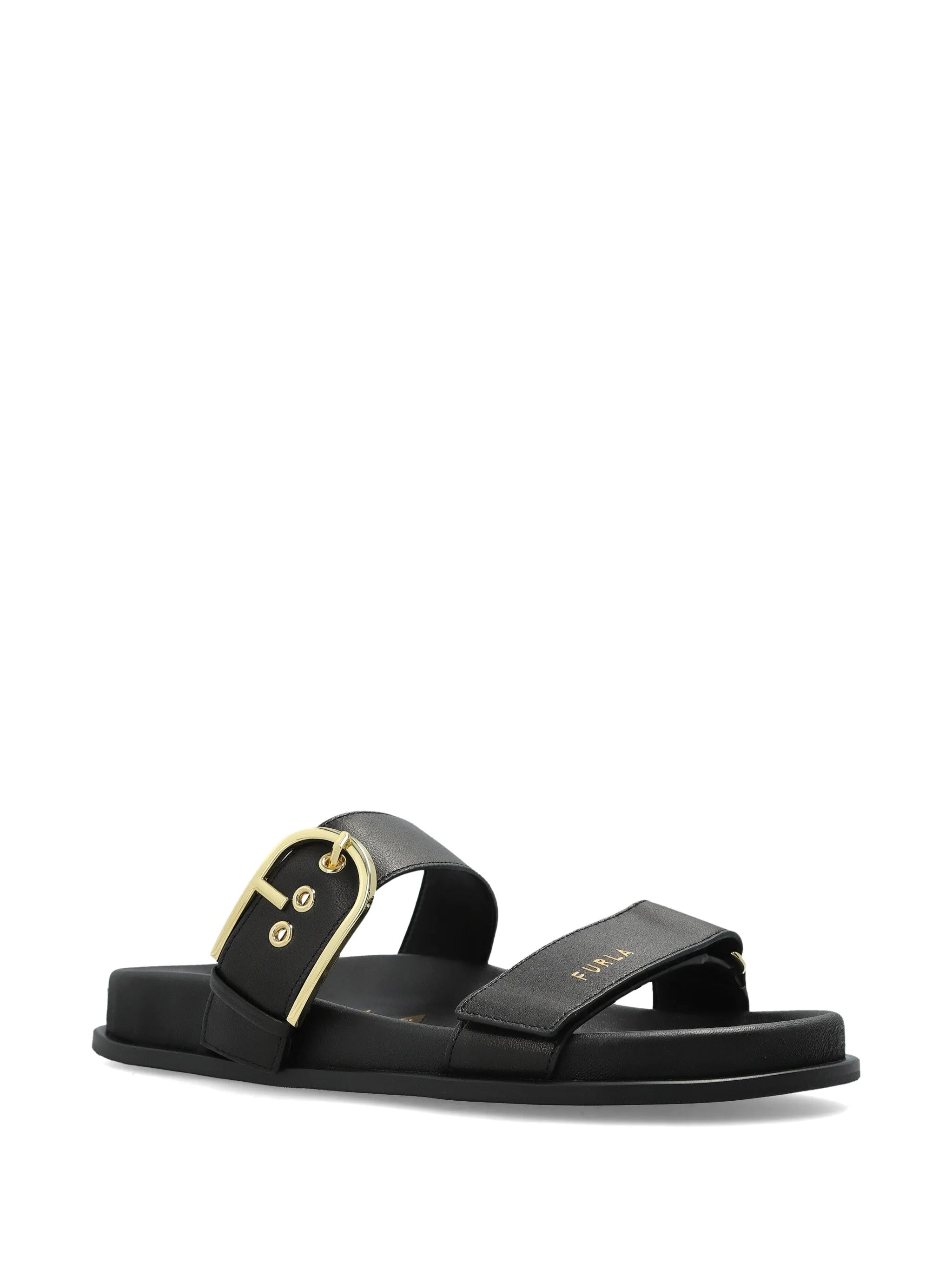 Solea Sandal Black Leather Gold Buckle