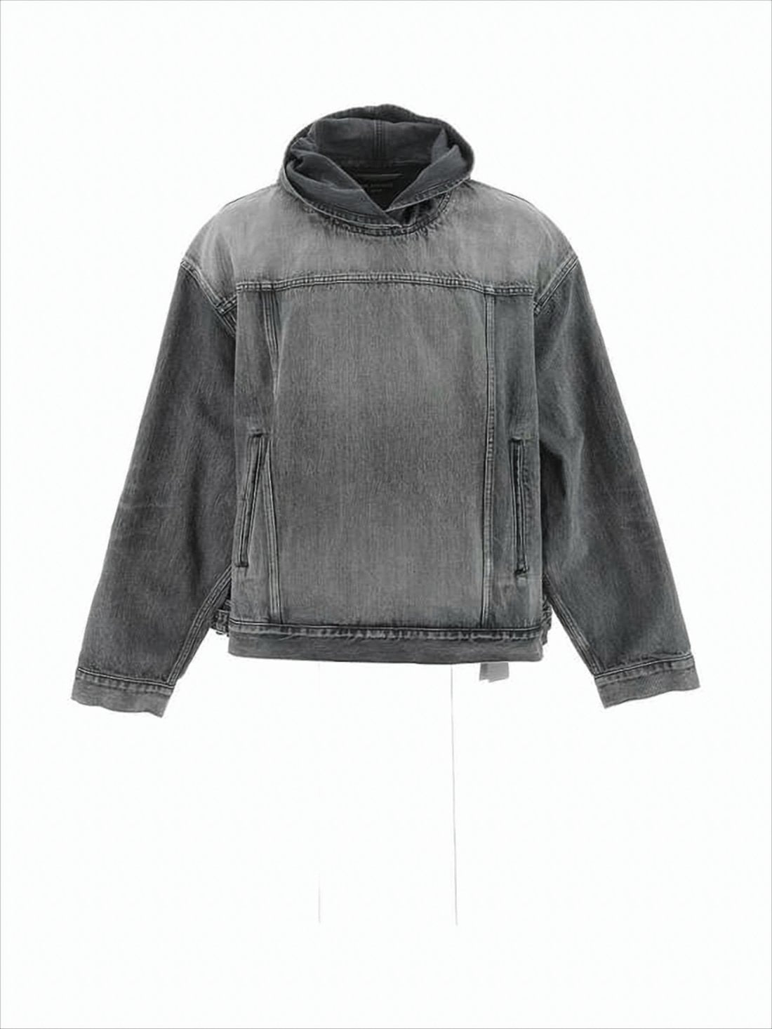 Boxy Grey Denim-Finish Hooded Sweatshirt