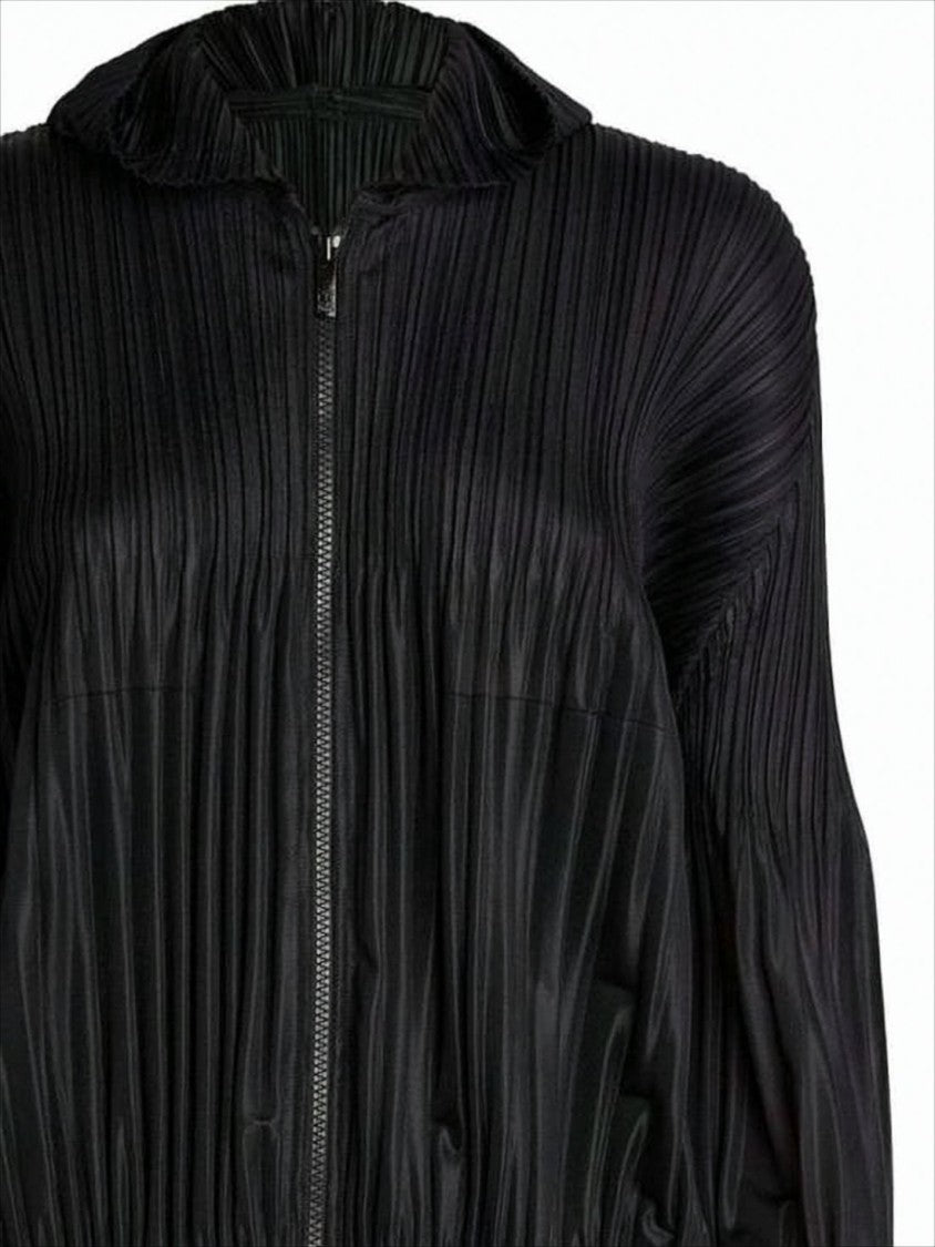 Pleated Texture Black Hooded Zip-Up Top