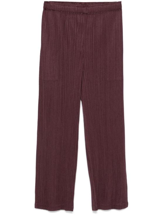 Burgundy Pleated Texture Straight-Leg Pants With Elastic Waistband