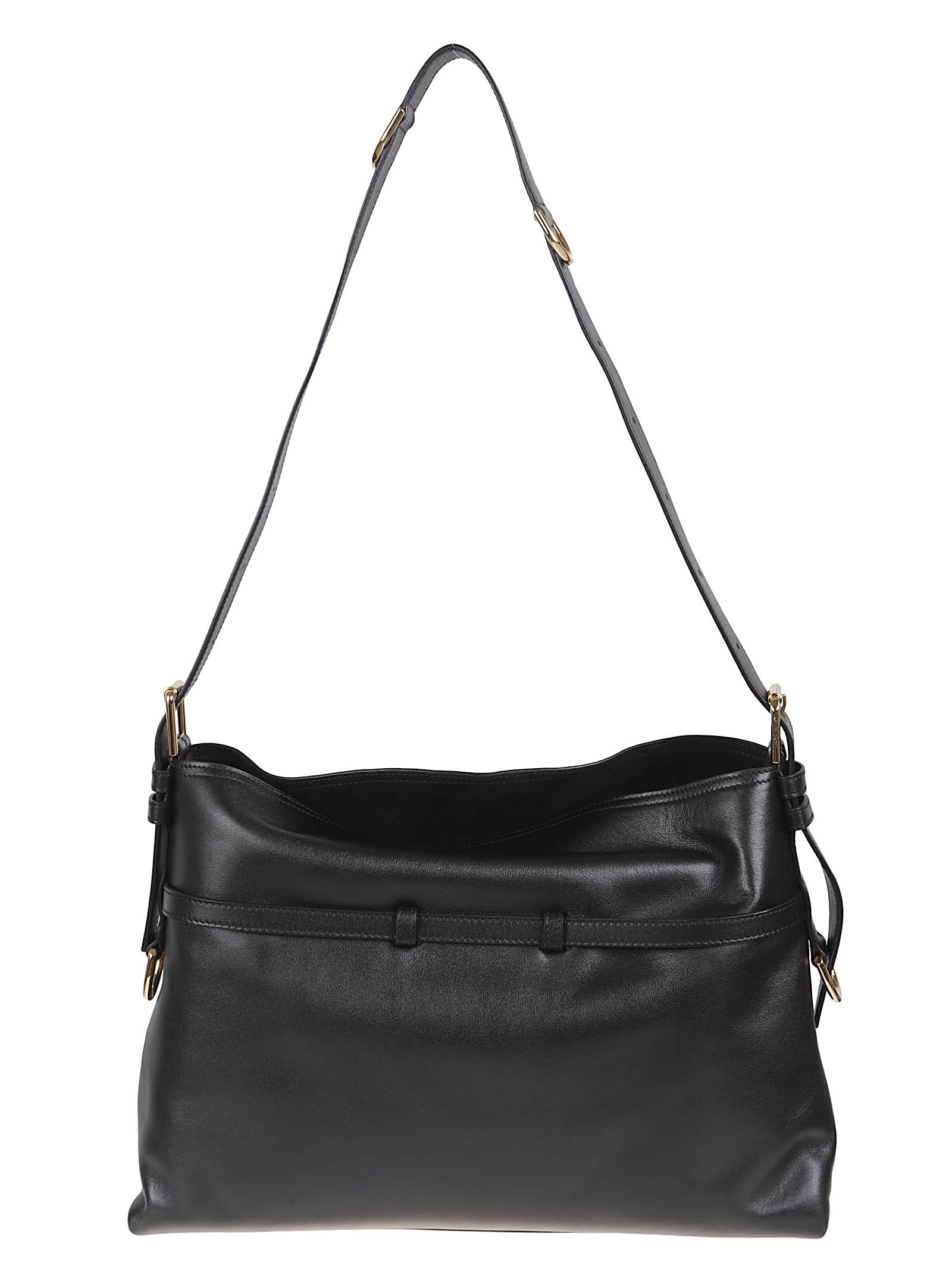 V-Shaped Black Leather Shoulder Bag with Adjustable Strap and Gold Hardware