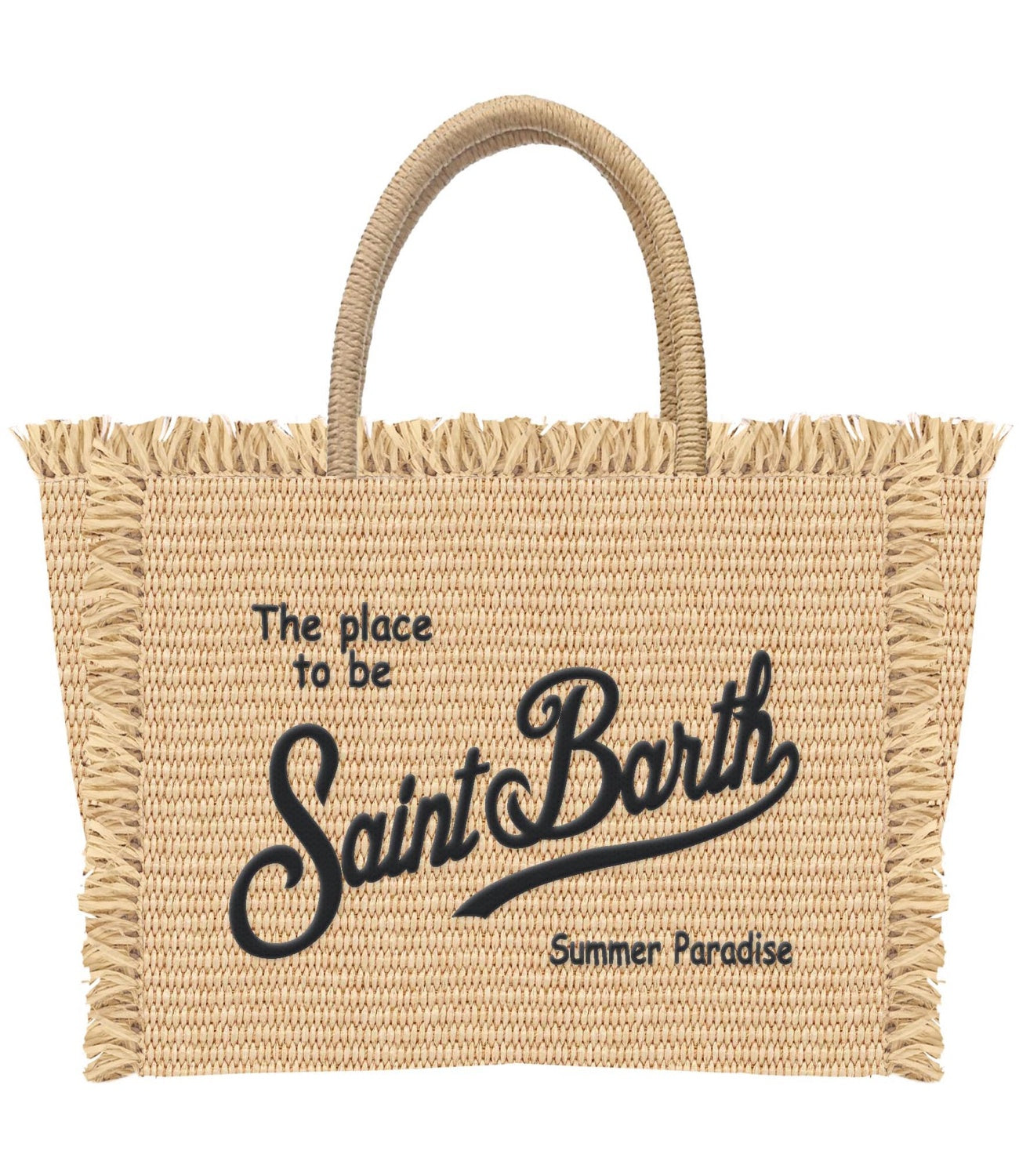 Fringed Woven Tote Bag with Embroidered Text