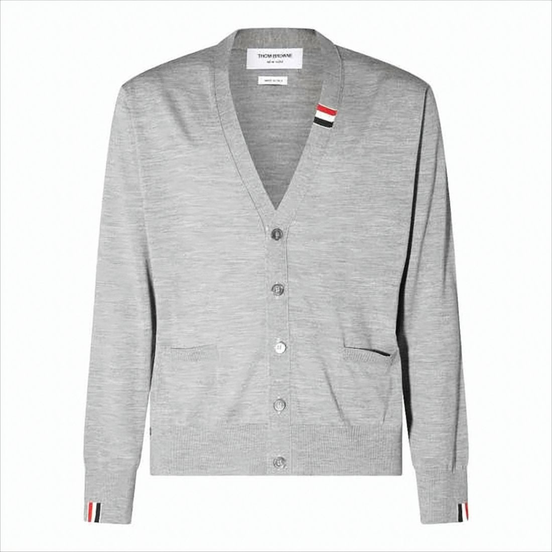 Lightweight Grey Cardigan with V-Neckline and Striped Accents
