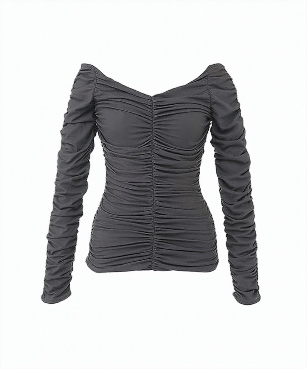 Ruched Long-Sleeved Top with Off-Shoulder Neckline