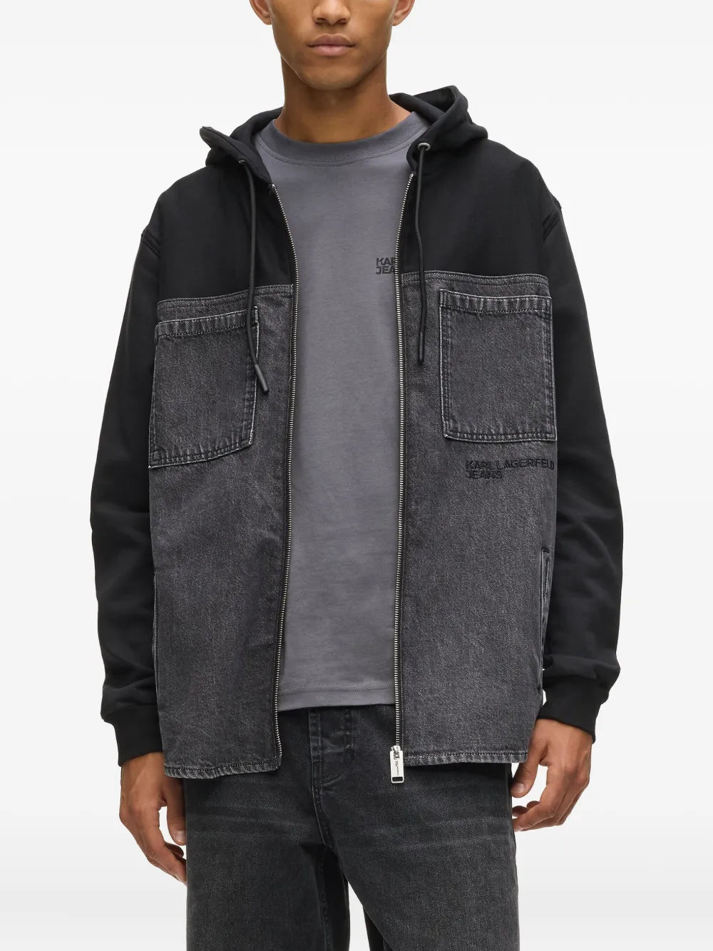 Denim-Panel Jacket with Hood and Ribbed Cuffs