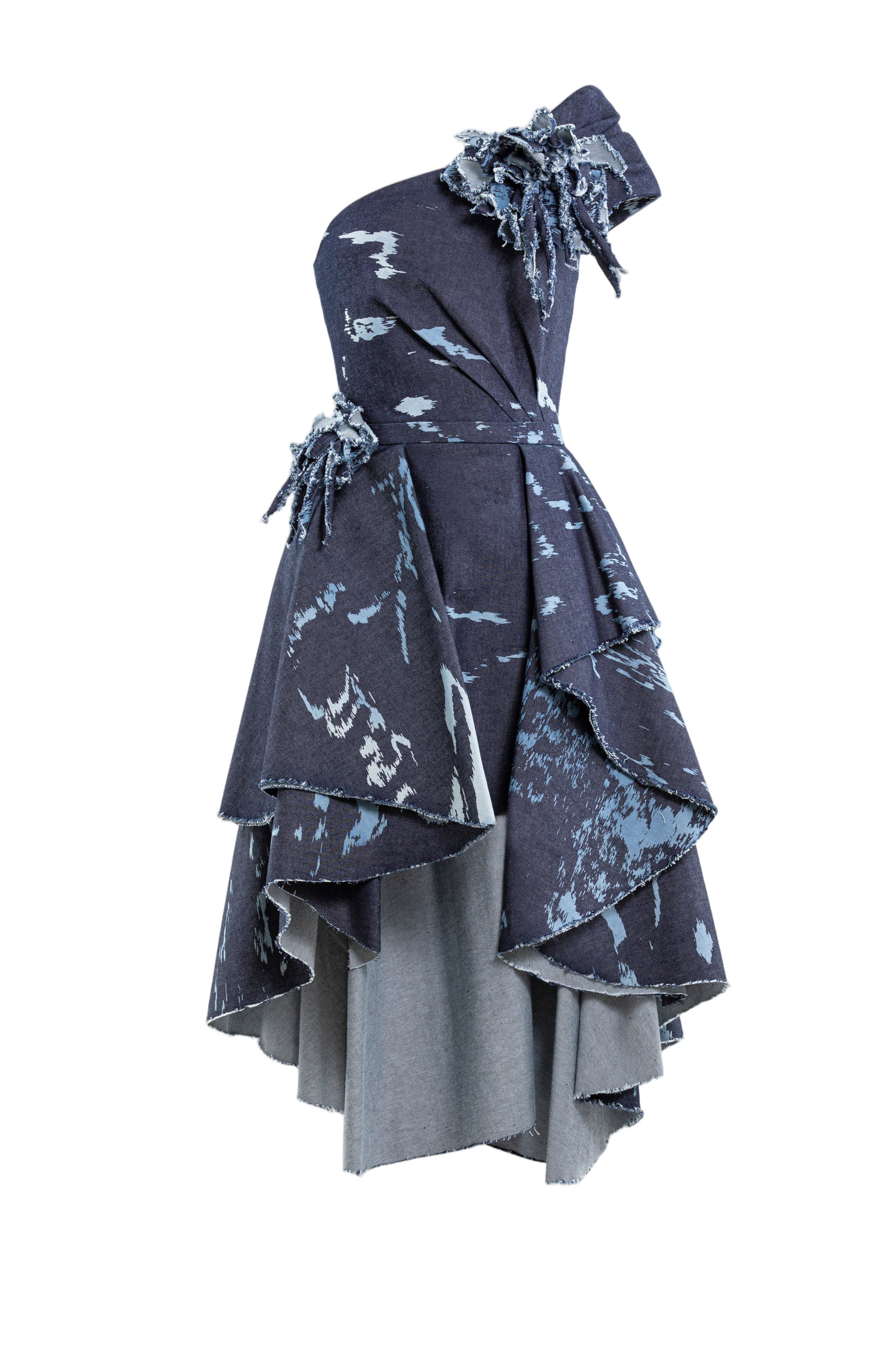 One-Shoulder Printed Denim Short Dress