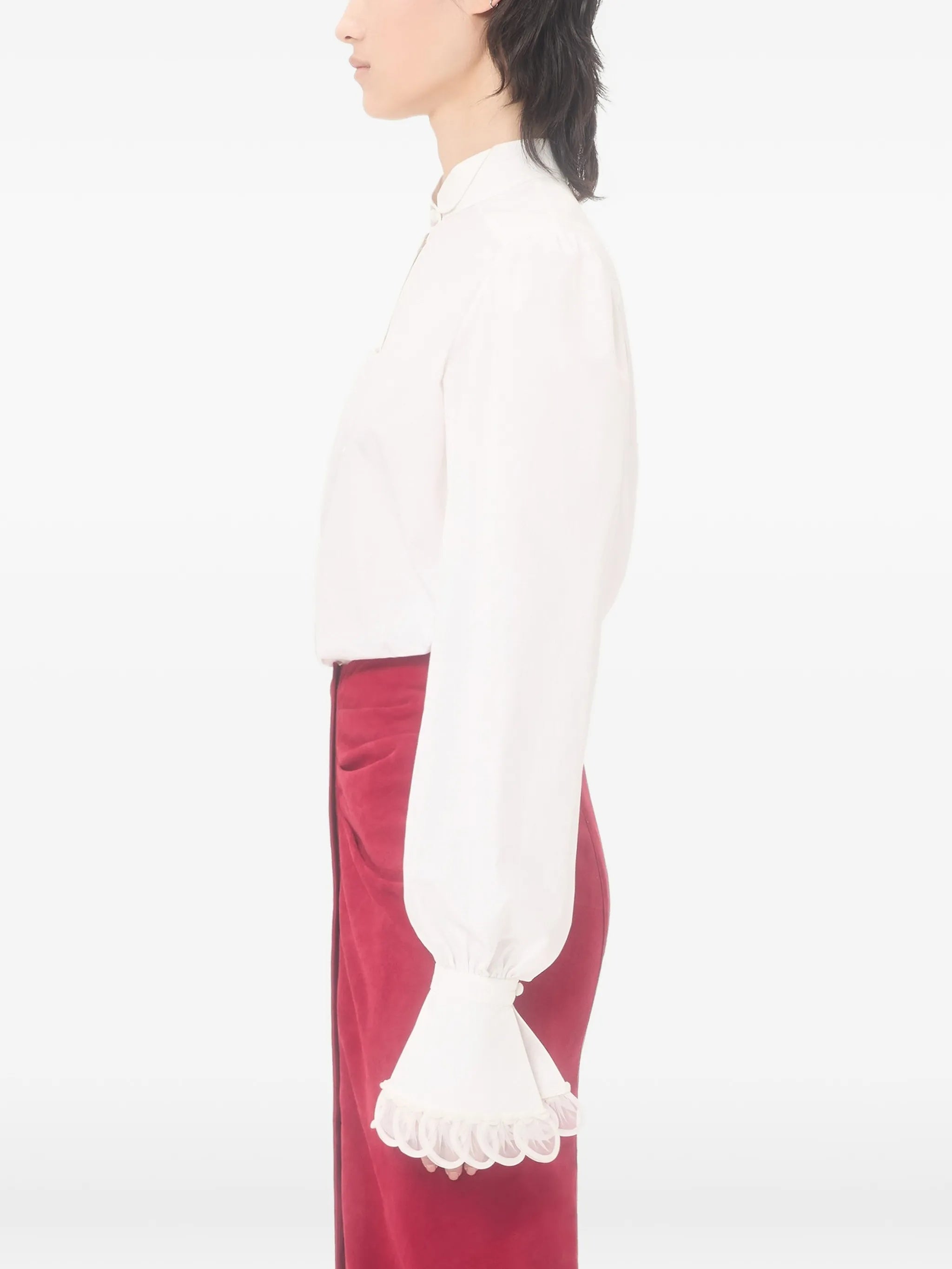 White Scalloped Embroidery Long-Sleeve Cotton Shirt