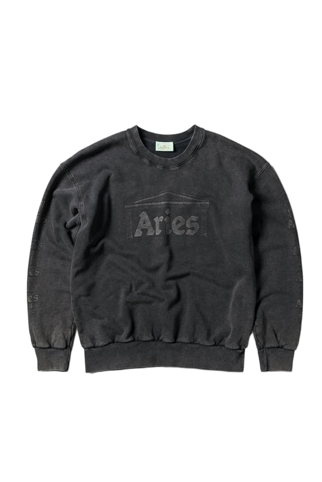 Washed Black Long-Sleeve Crewneck Sweatshirt with Embossed Logo