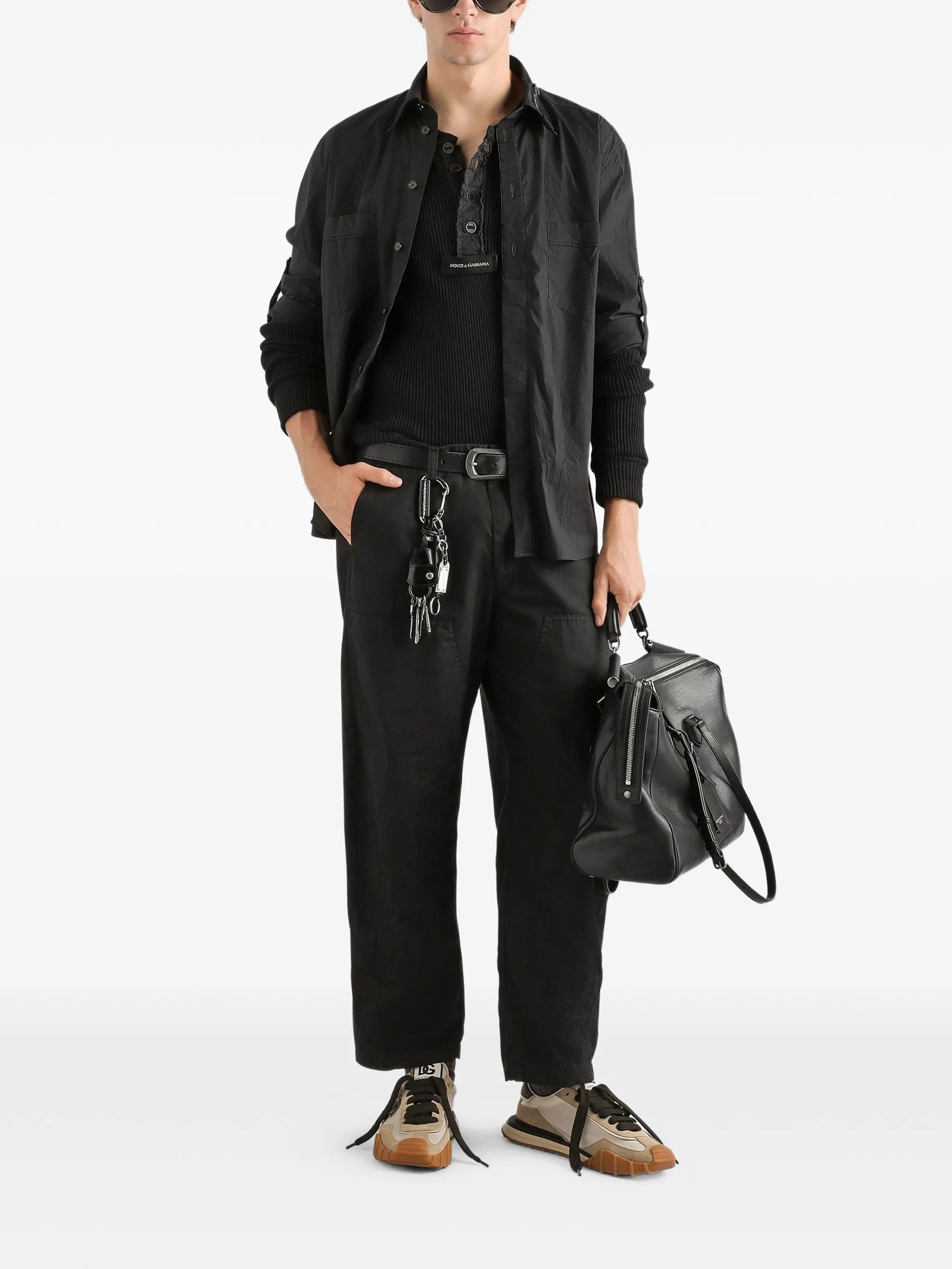 Long-Sleeve Black Cotton Button Tab Shirt