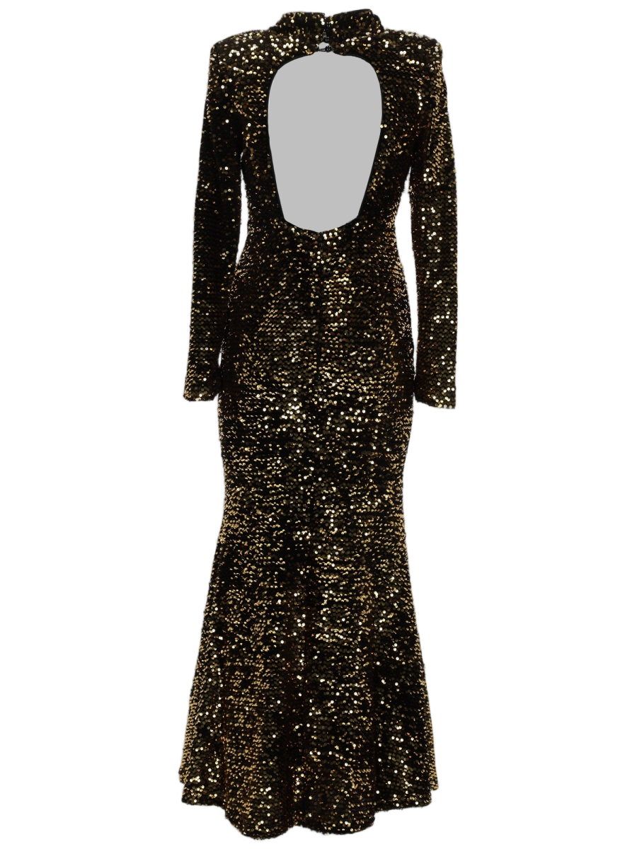 Fitted Sequin-Embellished Evening Dress with High Neckline