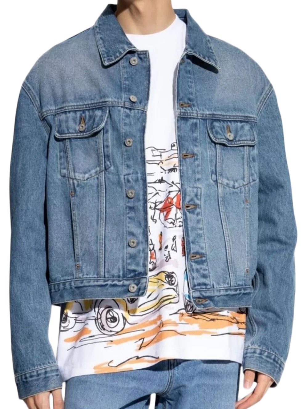 Cropped Denim Jacket With Button-Up Front And Flap Pockets
