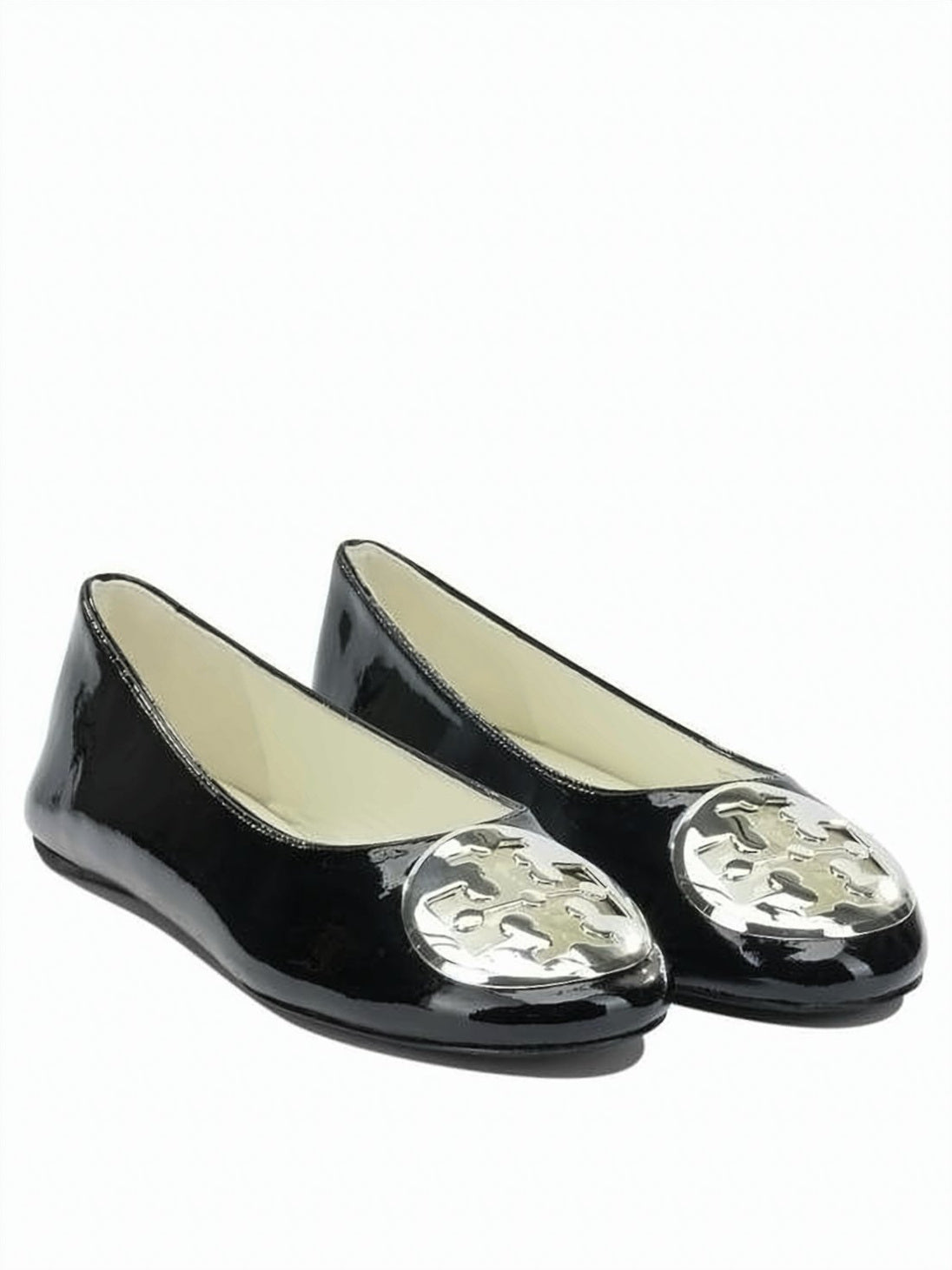Glossy Leather Flat Shoes with Metallic Emblem