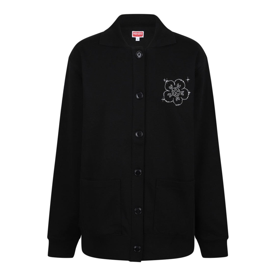 Black Button-Up Cardigan With Floral Embroidery
