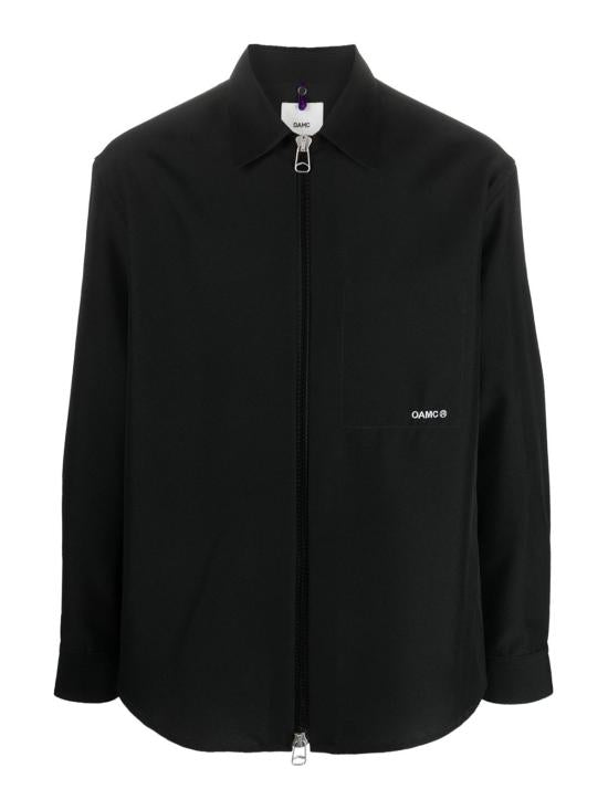 Long-Sleeve Black Shirt with Front Zipper Closure and Classic Collar
