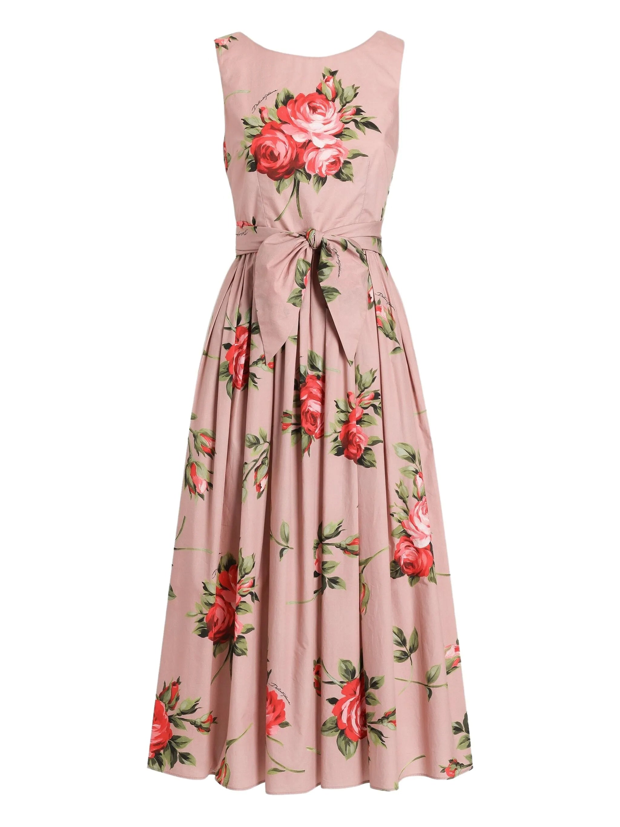 Sleeveless Midi Floral Pleated Cotton Dress