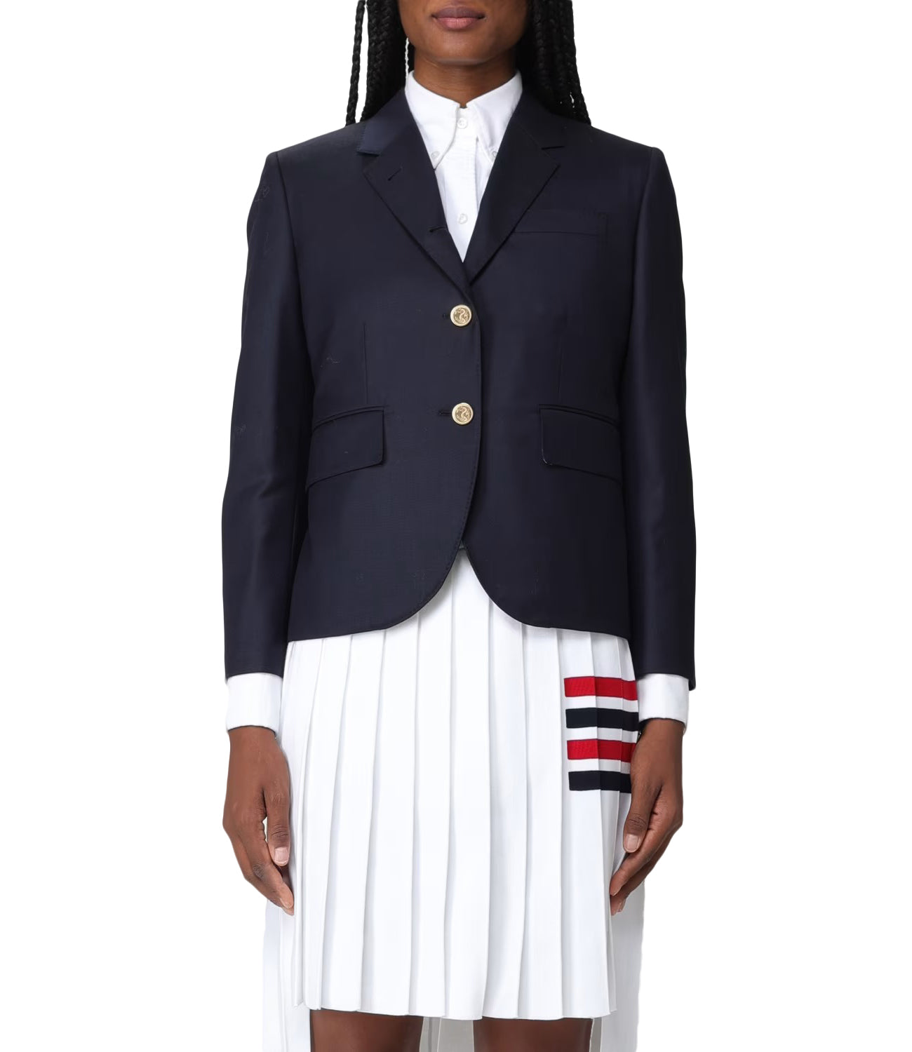 Tailored Black Wool Blazer with Striped Lining and Gold Accents
