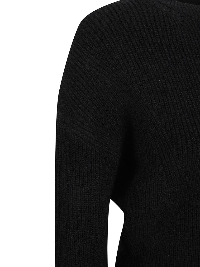 Ribbed Black Wool Sweater With Peplum Hem
