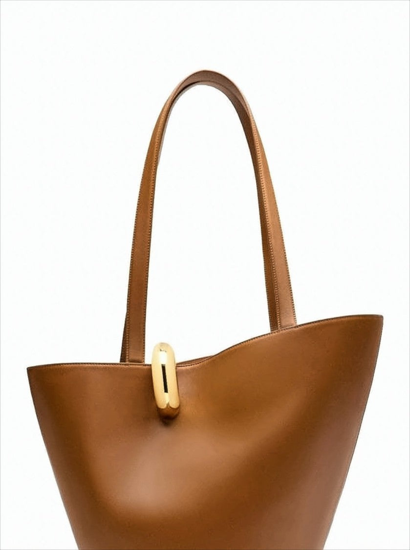 Structured Brown Cow Leather Tote Bag With Gold-Tone Clasp