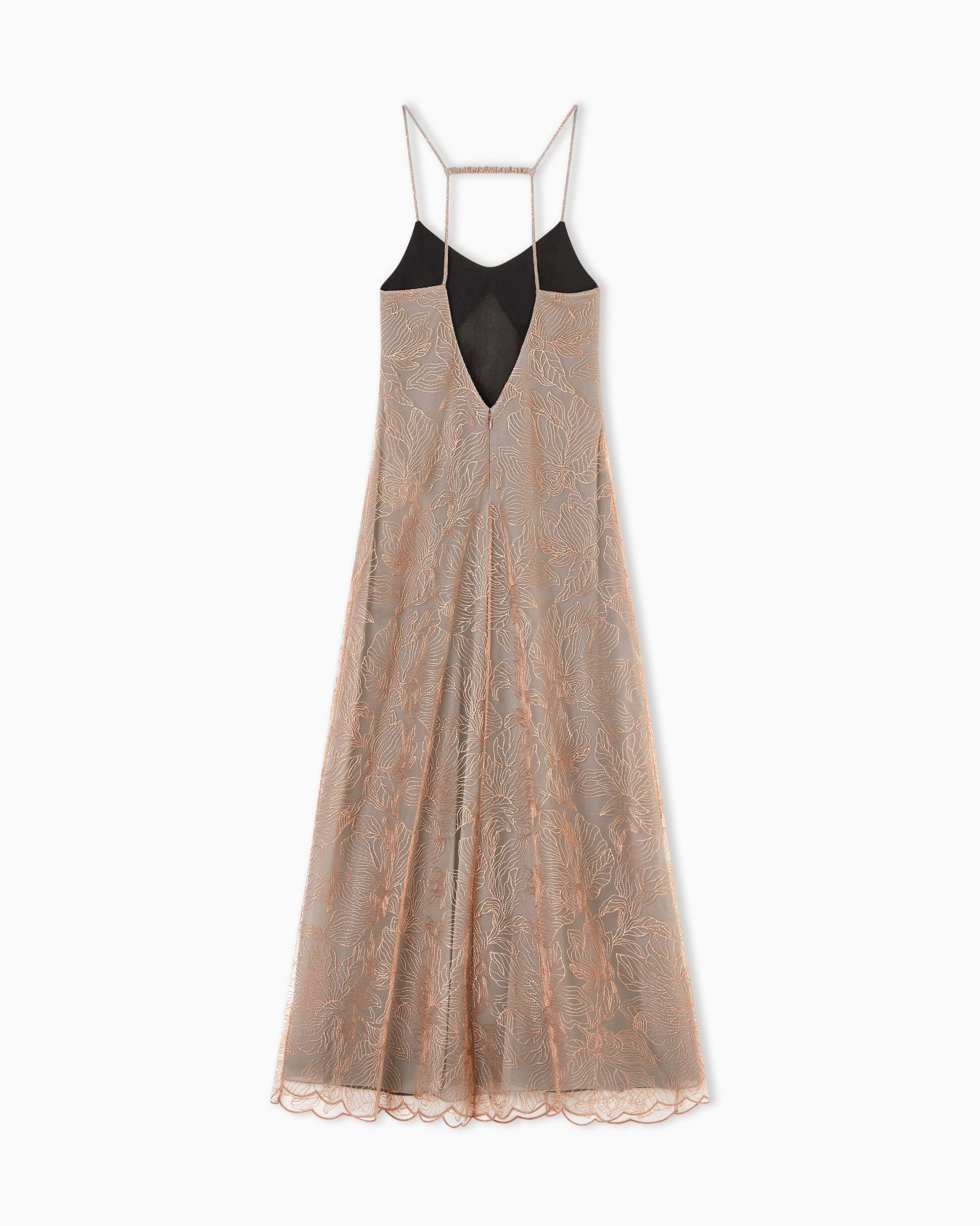 Long Embroidered Tulle V Neck Dress