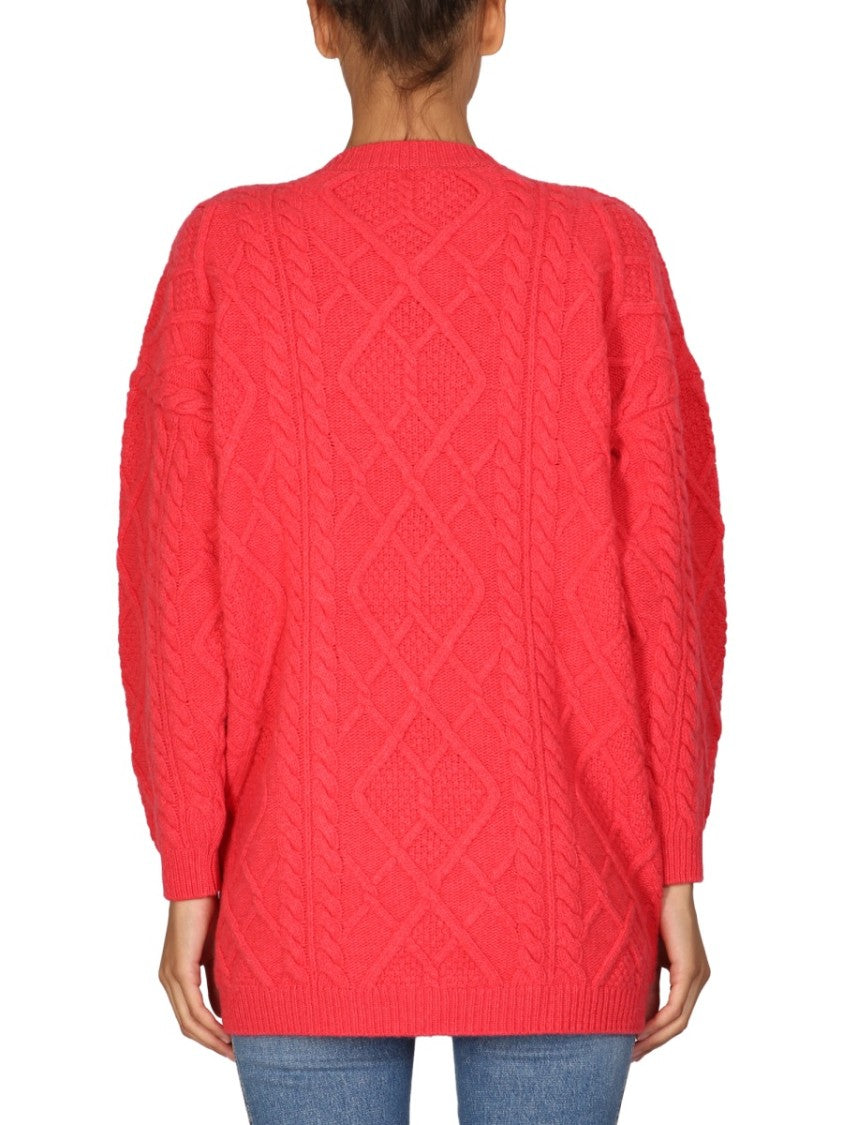 Textured Cable Knit Wool Crew Neck Sweater