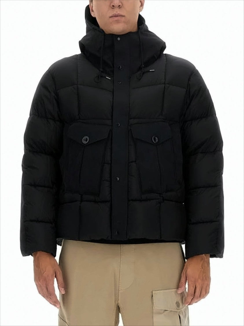 Boxy Silhouette Black Down Jacket with High Collar and Detachable Hood