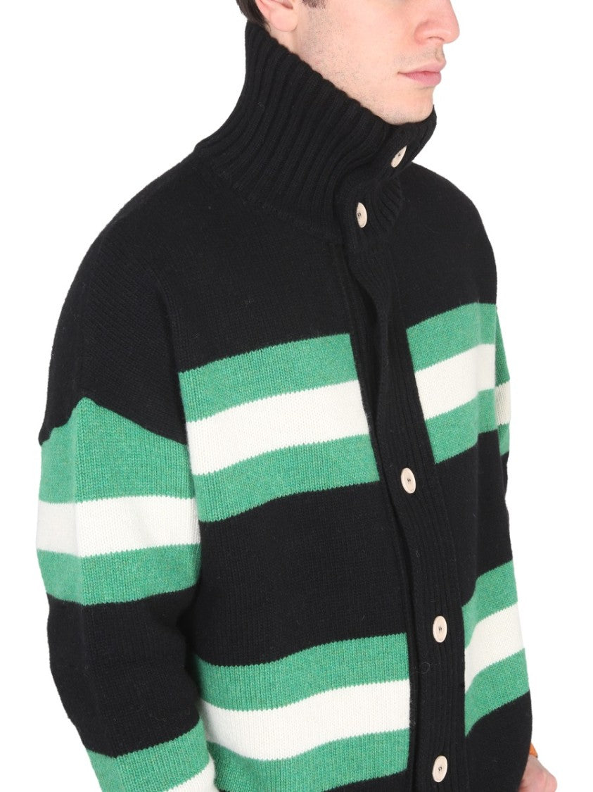 High Neck Button Closure Striped Cardigan