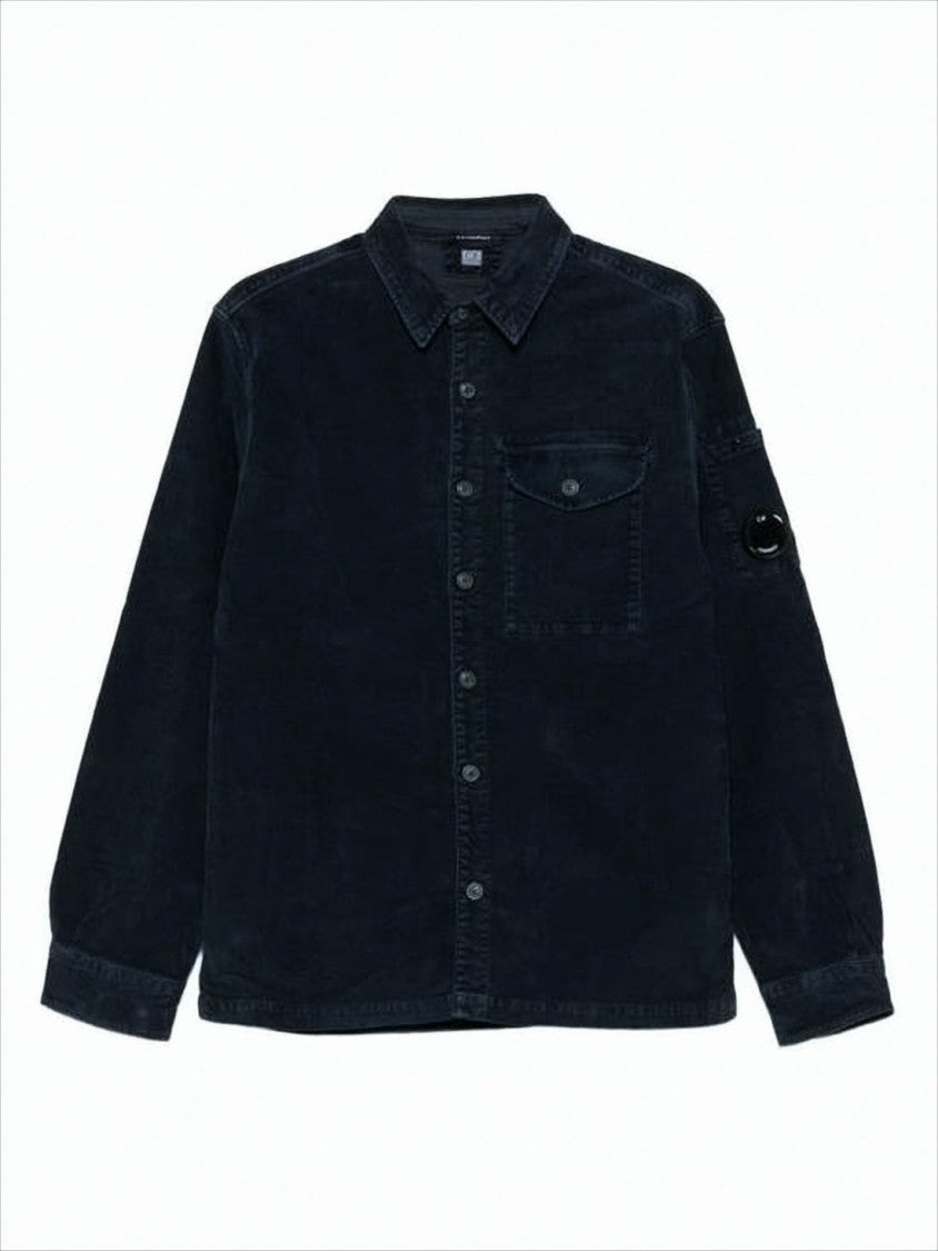 Navy Corduroy Jacket With Button-Up Front And Unique Lens Detail