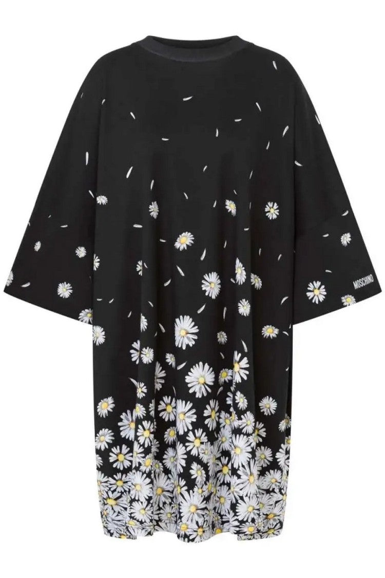 Floral-Print Black Cotton Dress With Relaxed Silhouette