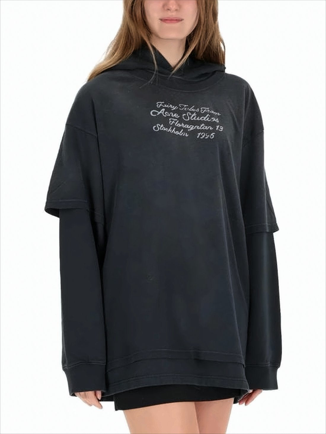 Layered Sleeve Black Oversized Hoodie