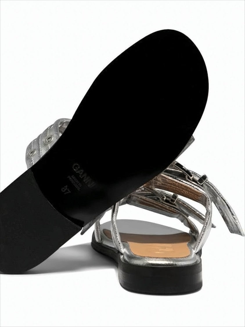 Metallic Silver Flat Mules With Wide Straps And Buckle Accents