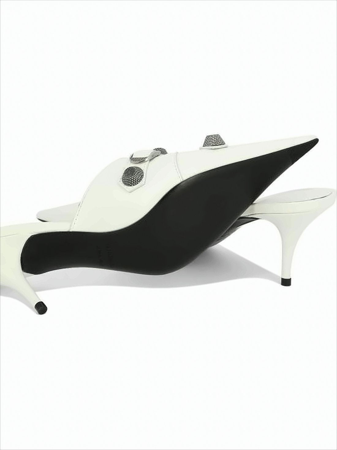 White Pointed Toe Mule with Decorative Buckle and Stud Accents