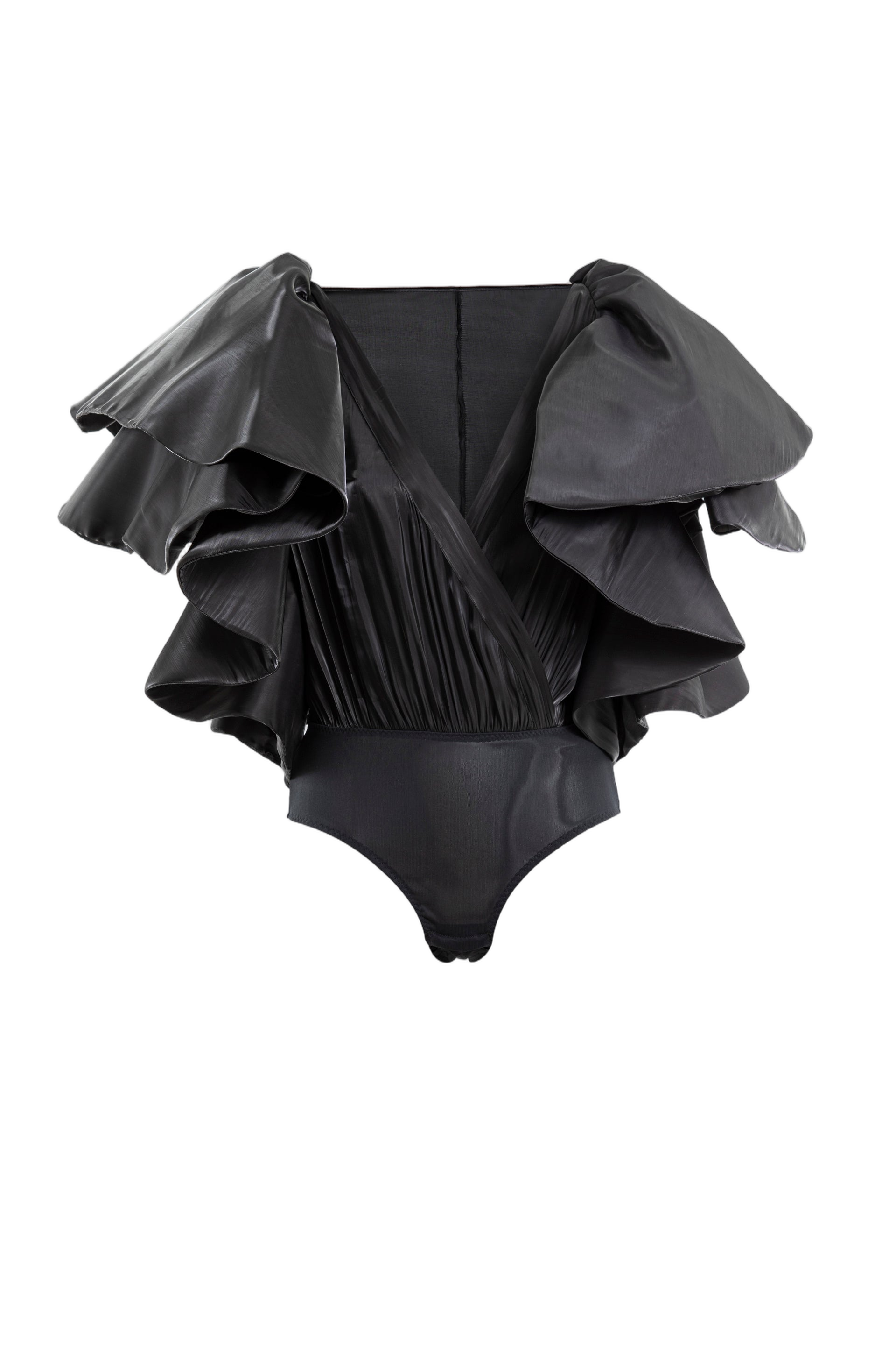 Deep V-Neck Ruffled Satin Bodysuit