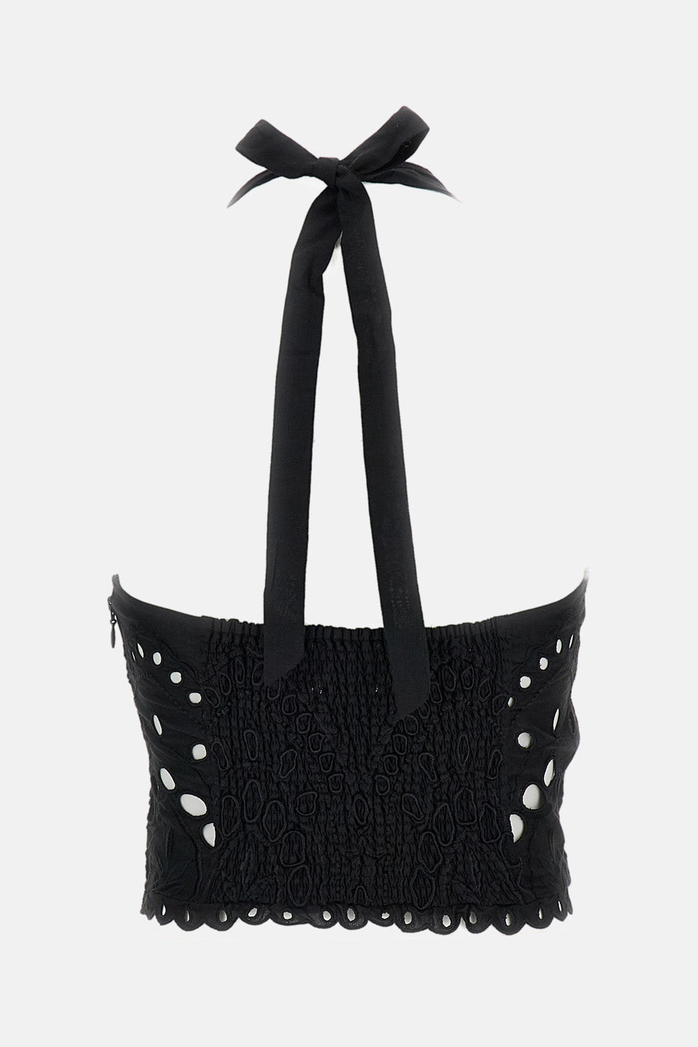Black Halter Eyelet Top With Smocked Back