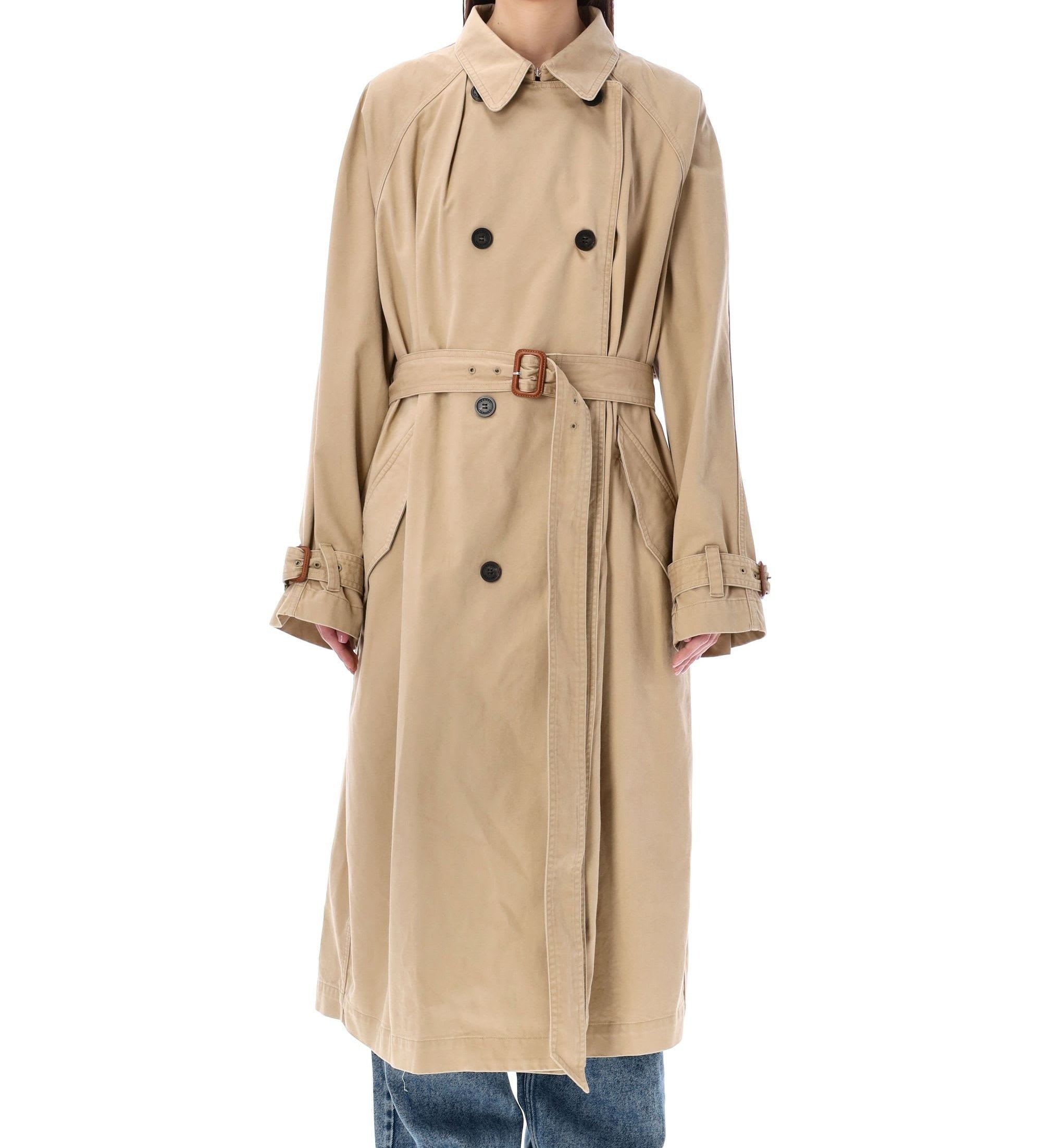 Double-Breasted Cotton Trench Coat with Belted Waist