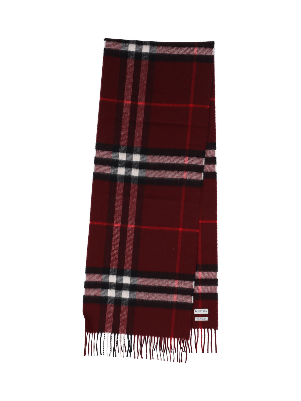 "Check" Scarf, In Red Brushed Cashmere, Bordeaux Shade