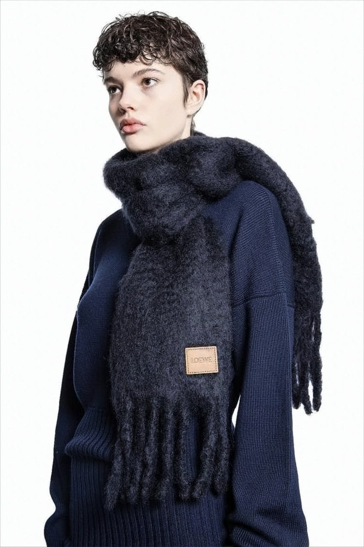 Textured Black Mohair And Wool Blend Scarf