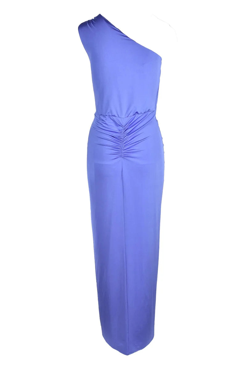 One-Shoulder Midi Dress with Draped Bodice