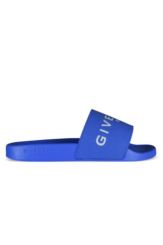 Wide Strap Blue Slides With Embossed Logo