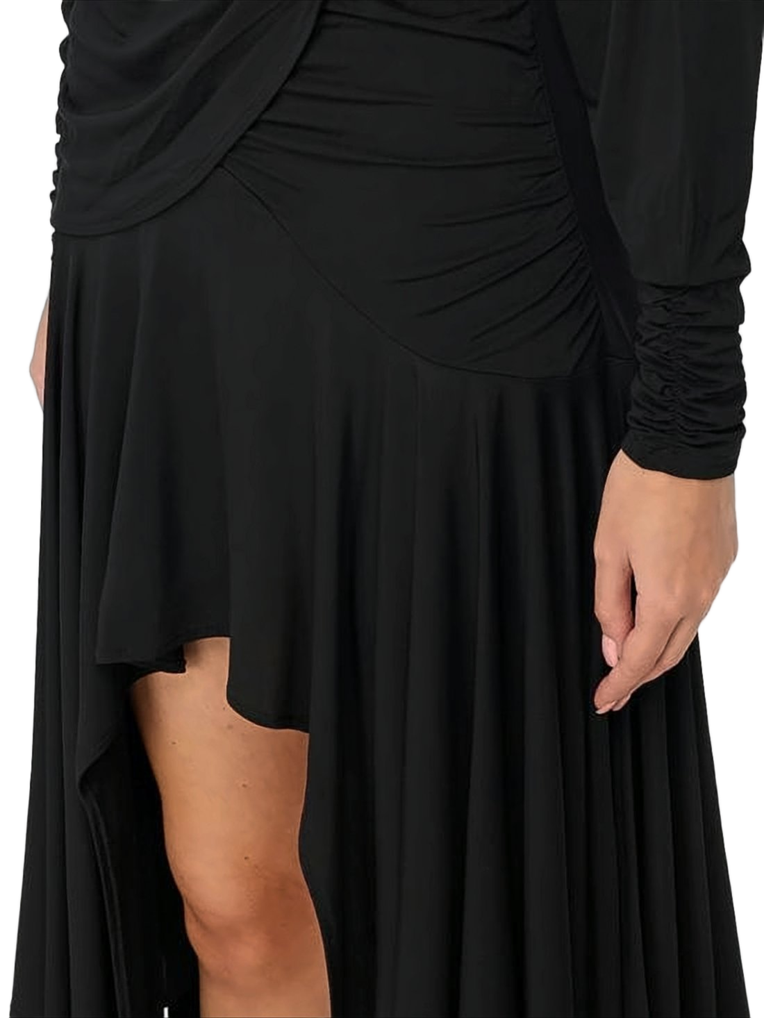 Draped Midi Dress with Ruched Bodice and Asymmetrical Hemline