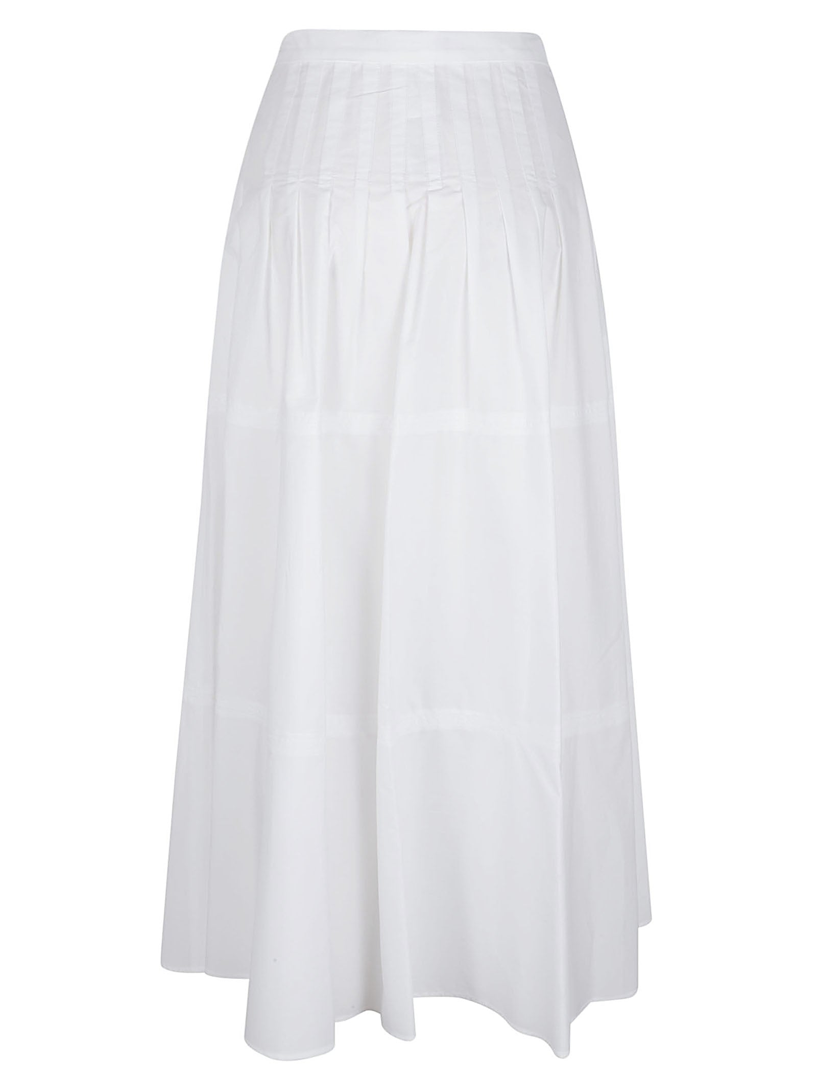 Flared White Cotton Midi Skirt with Vertical Stitching