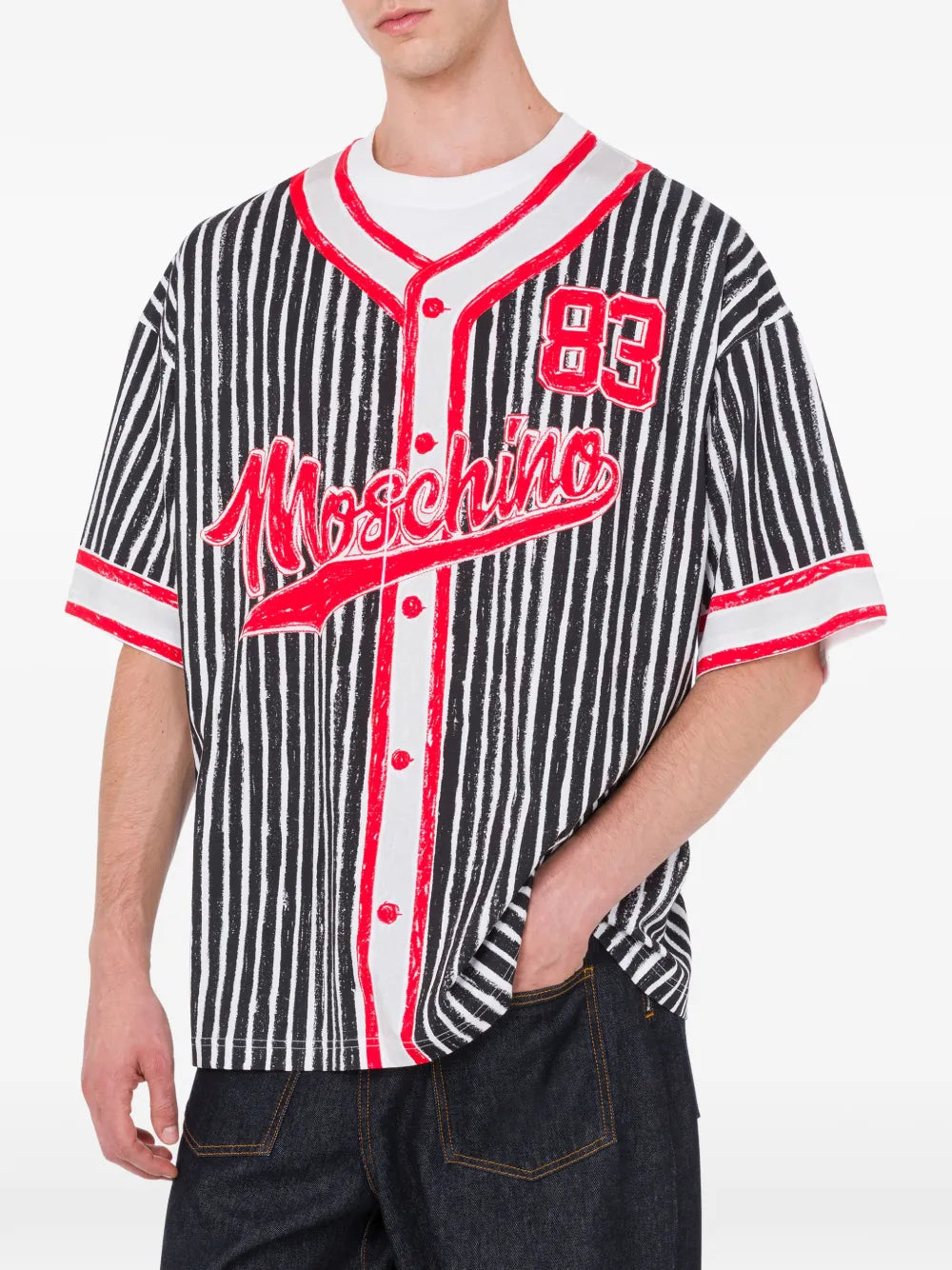 Vertical Stripe Shirt With Red Accents And Iconic Logo