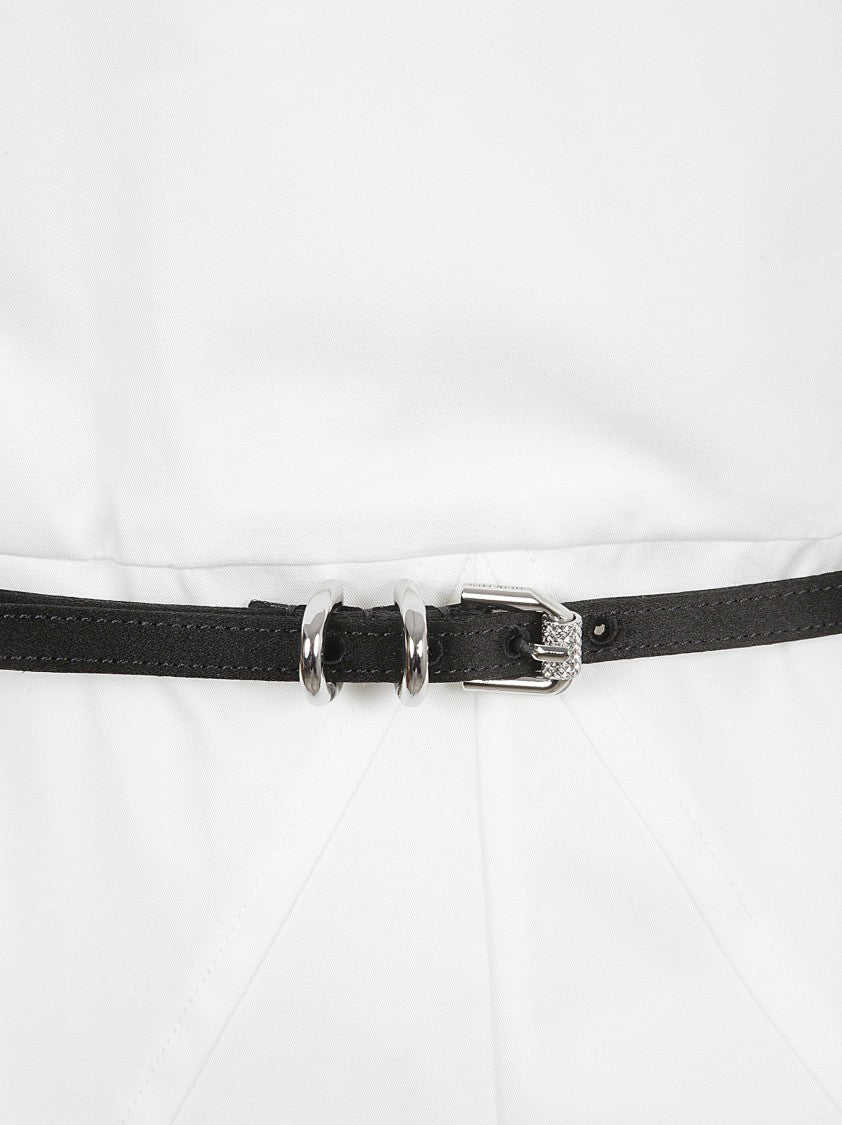 V-Neck White Dress With Belted Waist