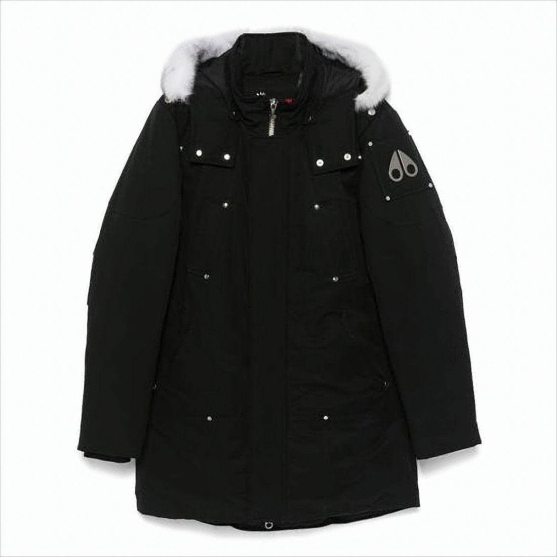 Hooded Long Black Padded Coat With Fur Trim And Multiple Pockets