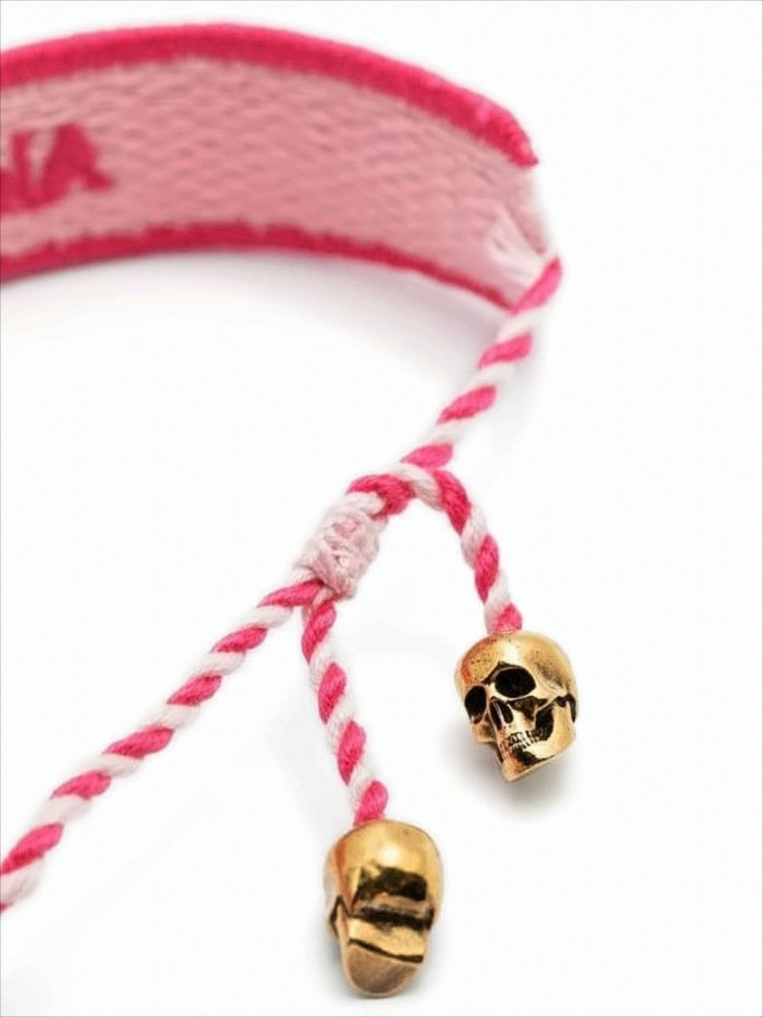 Woven Fabric Bracelet with Gold-tone Skull Charms